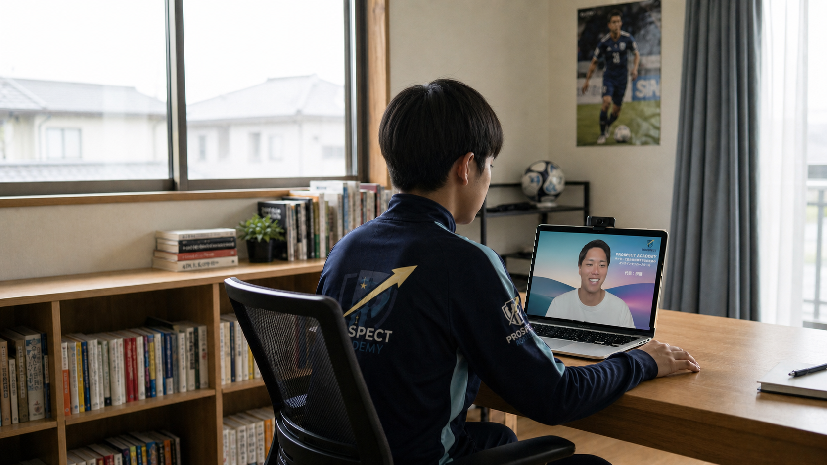 代表・伊藤とオンラインで1対1レッスンを受ける学生サッカー選手