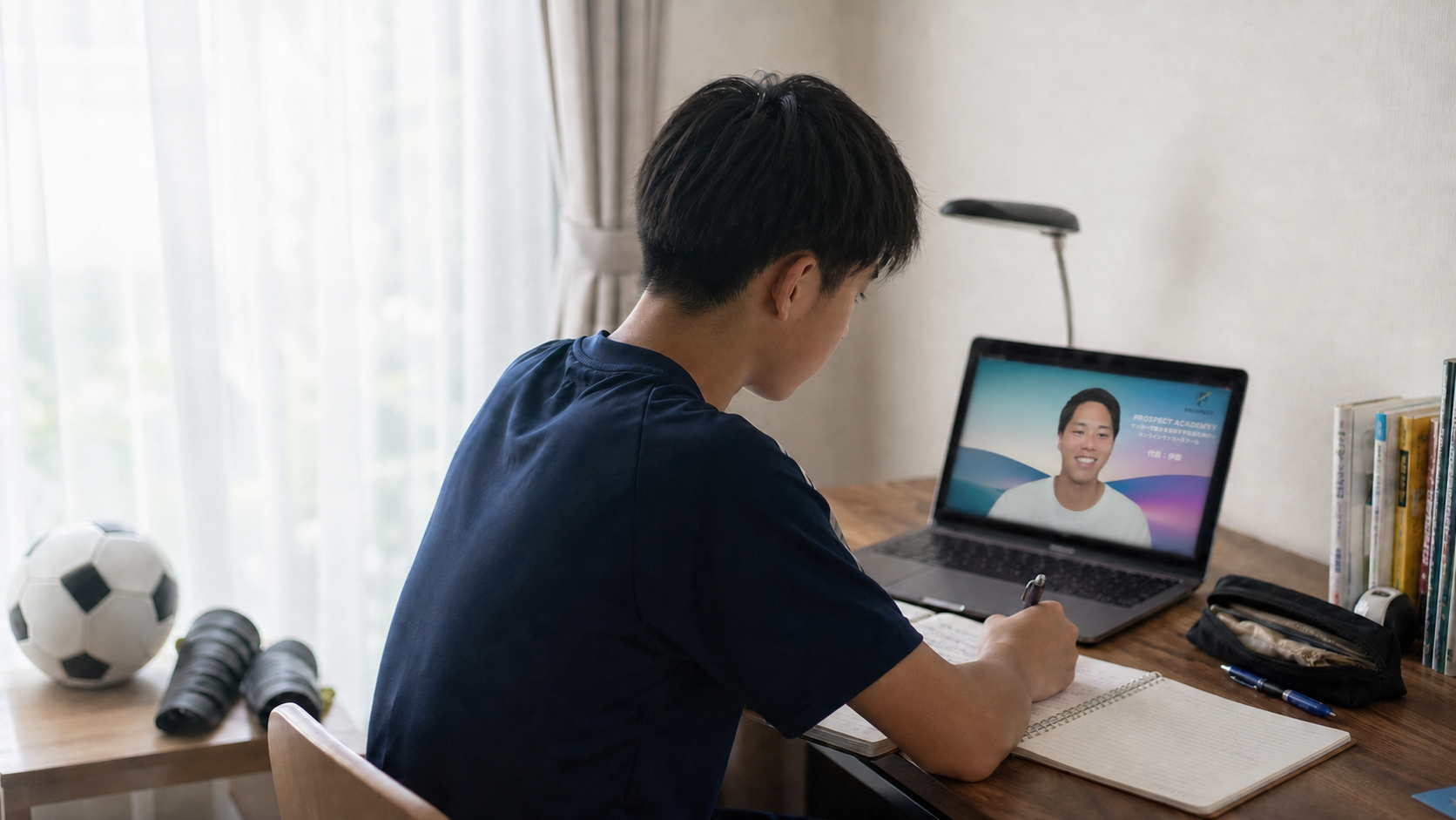 オンラインでサッカーの振り返りをする学生選手のイメージ