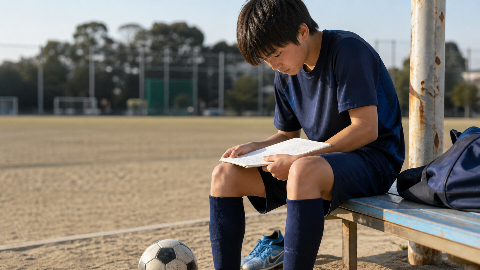 試合や練習後にノートで振り返りをする学生サッカー選手のイメージ