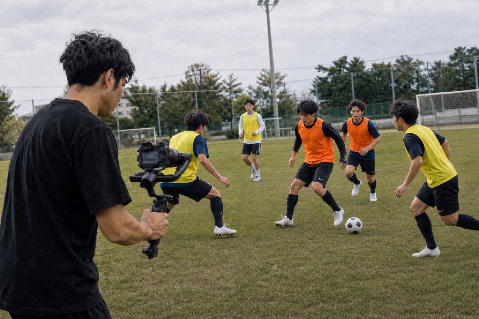サッカーチームの練習風景をジンバルカメラで撮影する映像制作者